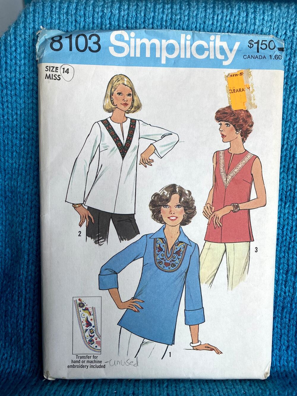 Simplicity 8103 pattern pullover top boho embroidery transfer 1970s size 14